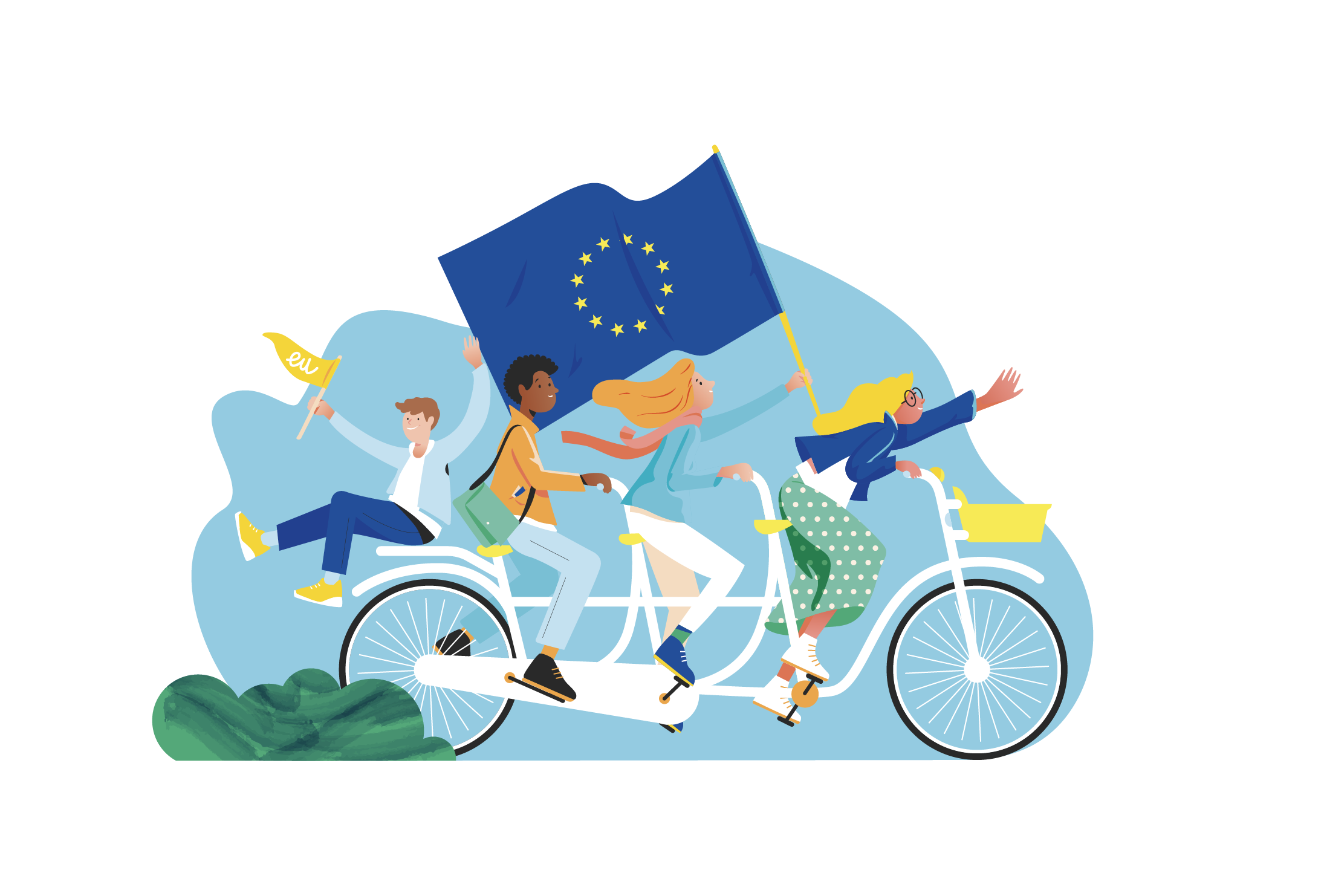 Four European youngsters, two girls and two boys, depicted on a tandem bike with, while holding an EU flag