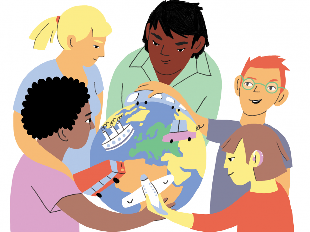A family depicted around a globe