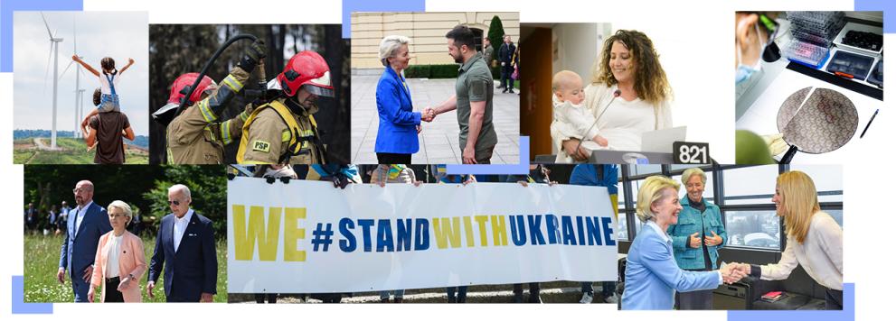 A collage of 8 photos representing key EU priorities and events that marked 2022