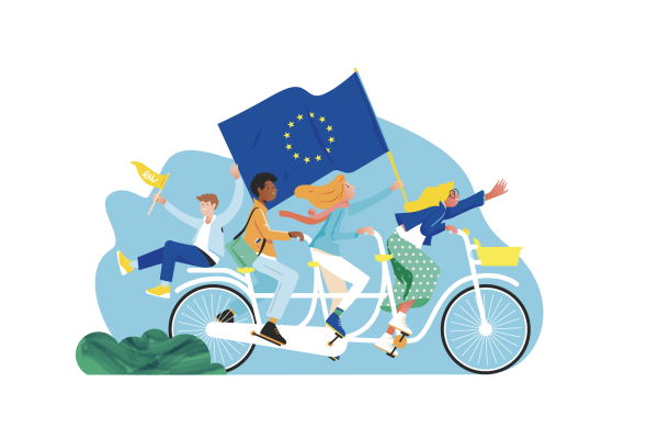 Four European youngsters, two girls and two boys, depicted on a tandem bike with, while holding an EU flag