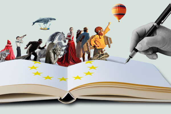 Various figures from literature in miniature on top of a book with the EU stars